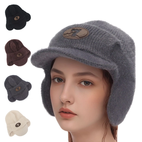 Bonnet D'hiver Chaud En Tricot D'acrylique Avec Cache-Oreilles Et Visière Pour Hommes Femmes Ski Coupe-Vent