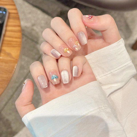 Handmade Press On Nails Mushroom Design Purple Cat Eye 3D Cute French Style Reusable Artificial Finger Nails Kawaii