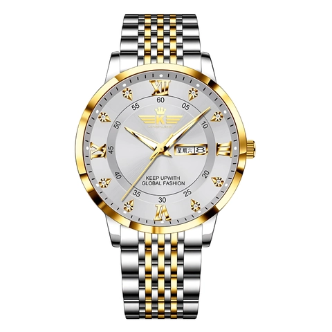 Montre À Quartz Pour Hommes Bracelet En Acier Inoxydable Double Calendrier Lumineux Chiffres Romains Affaires Mode Luxe