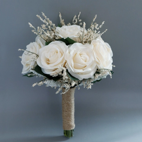 Künstlicher Rosen Brautstrauß Satinnblumen Leinenschnur Hochzeitsfotografie Requisiten Heimdekor Romantisch Rustikal