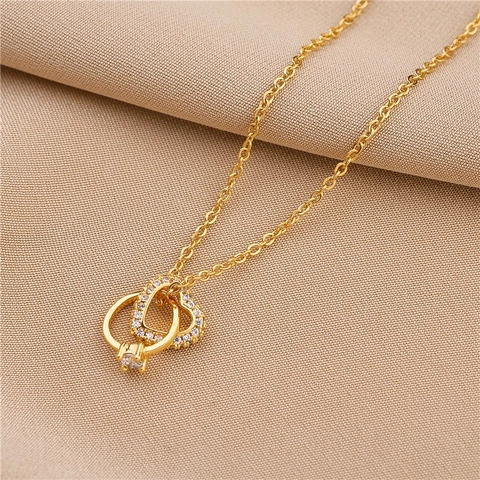 Interlocking Heart And Ring Pendant Necklace Gold Plated Titanium Steel Zircon Inlaid Clavicle Chain Jewelry For Women