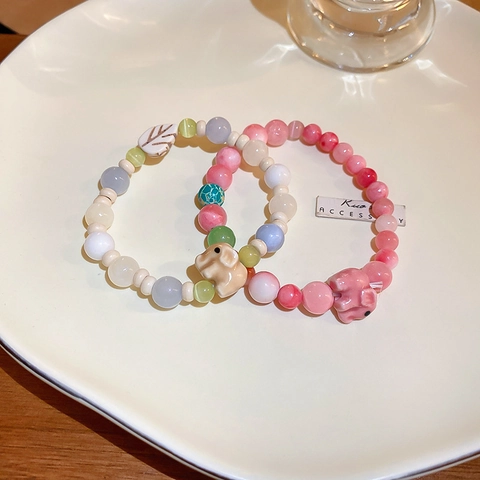 Süßes Perlenarmband Katzenaugenstein Keramik Elefant Katze Stern Blatt Anhänger Ästhetischer Schmuck Damen Mädchen