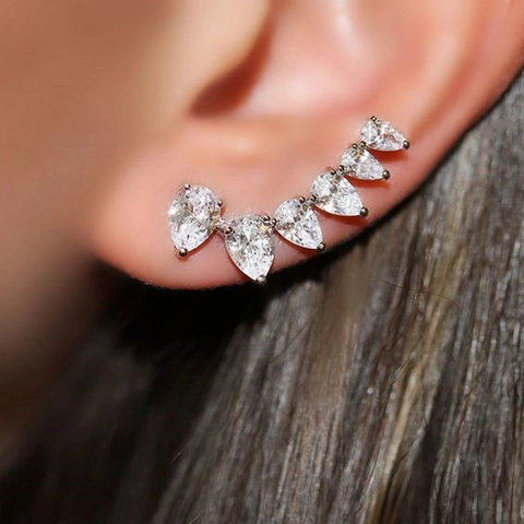 Orecchini Ear Crawler Con Zirconi Taglio A Pera Base In Rame Design A Goccia D'Acqua Curva Gioielli Di Moda Minimalisti Per Donne