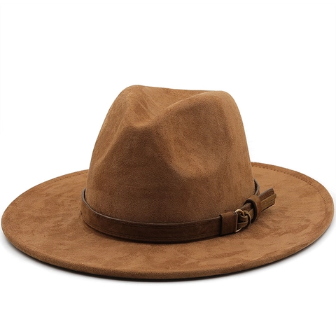 Wide Brim Fedora Hat Faux Suede Vintage Western Cowboy Jazz Style With Decorative Belt And Metal Buckle For Men And Women