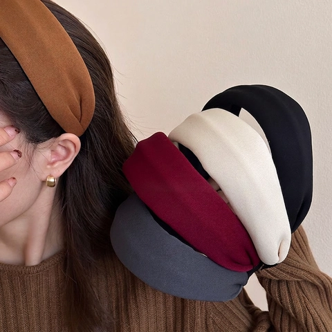 Vintage Padded Wide Headband Fabric High Crown Hair Hoop Elegant Solid Color Autumn Winter Accessories For Women