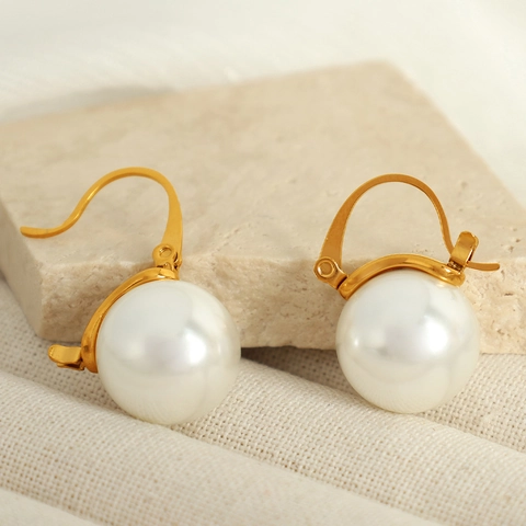Pendientes Leverback Con Grandes Perlas Artificiales De Cristal Redondas Acero Inoxidable Estilo Vintage Francés Dorado Mujer