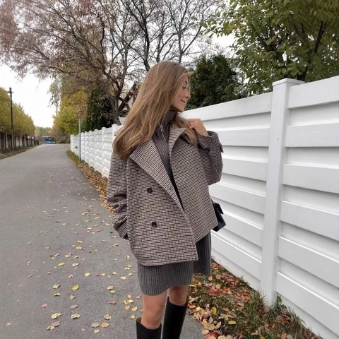 Women Houndstooth Plaid Woolen Jacket Vintage British Style Chic Short Coat Stand Collar Button Front Outerwear