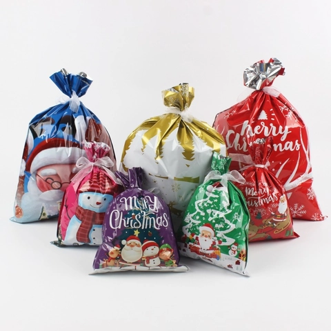 Christmas Gift Bags Plastic Drawstring Ribbon Tie Festive Candy Packaging Snack Pouches Santa Snowman Pattern Holiday Party
