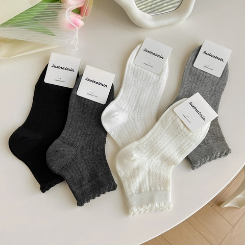 Calcetines De Algodón Para Mujer Borde Con Volantes Malla Calada Transpirable Color Sólido Estilo Dulce