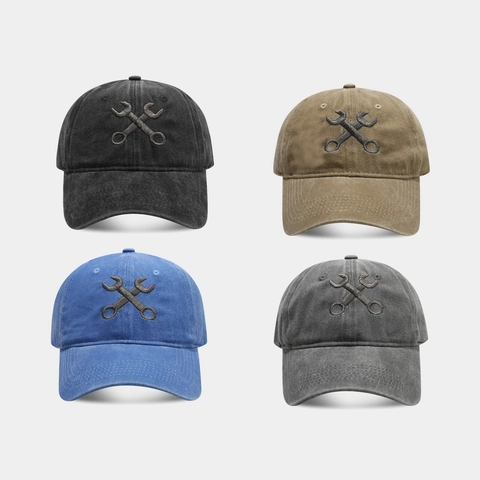 Vintage Washed Cotton Baseball Cap With Wrench Embroidery Retro Adjustable Industrial Style Sun Hat For Men Women