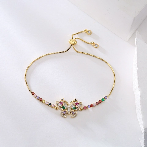 Adjustable Copper Bracelet 18K Gold Plated Colorful Zircon Hollow Butterfly Bird Charm Jewelry For Women Elegant