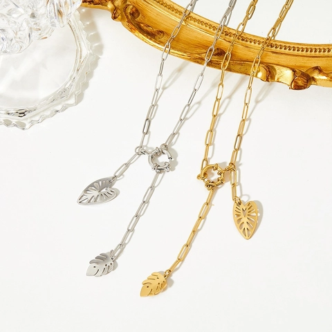 Collana Con Ciondolo A Doppia Foglia In Acciaio Inossidabile Per Donna Retrò Svuotato Catena A Graffetta Forma A Y Gioielli Minimalisti