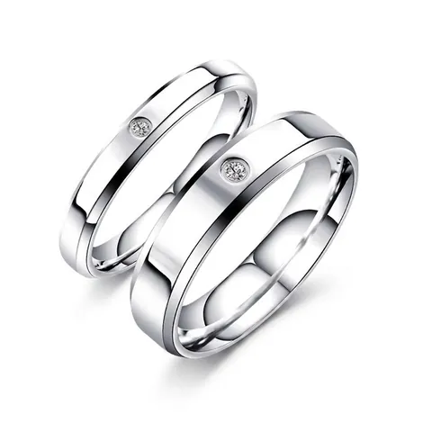 Minimalist Stainless Steel Ring With Zircon Inlay Double Beveled Edges Polished Jewelry For Couples Fashion Band