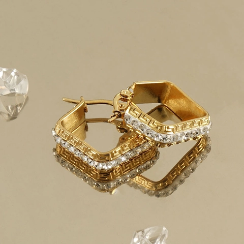 Square Hoop Earrings 18K Gold Plated Stainless Steel Greek Key Pattern Cubic Zirconia Geometric Jewelry For Women Elegant