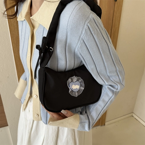 Damen Schulter Unterachseltasche Nylon Canvas Gerüschter Riemen Herz Hase Patch Spitze Schleife Dekor Süße Lässige Handtasche