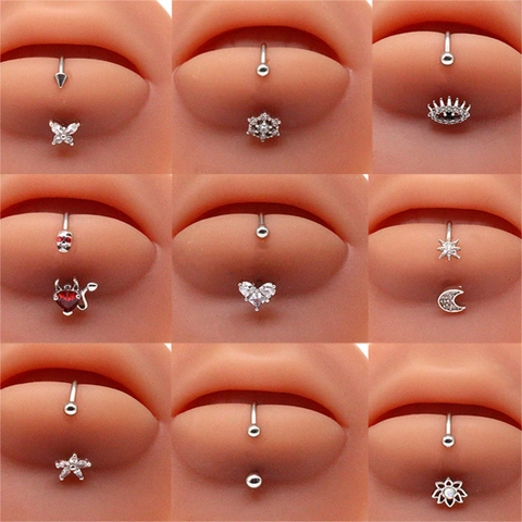 Stainless Steel Lip Ring Stud Zircon Inlaid Heart Devil Butterfly Moon Lotus Shape Body Piercing Jewelry Women Men Fashion