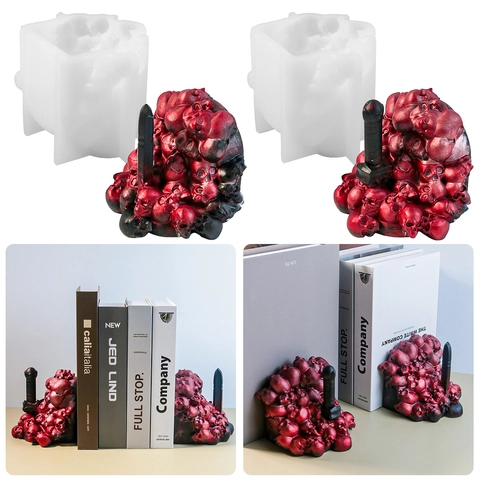 Totenkopf Buchstütze Silikonform DIY Harz Handwerk Gotisch Horror Deko Skelett Schwert
