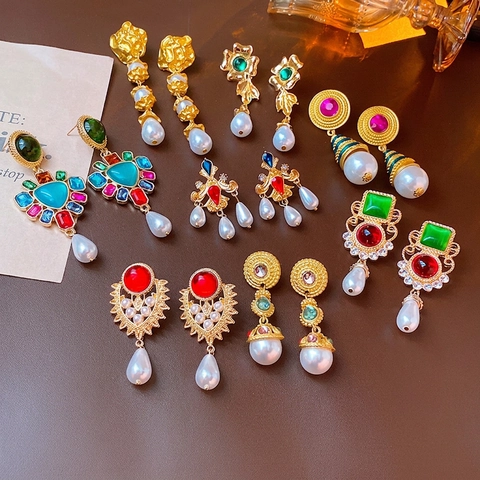 Vintage Drop Earrings With Silver Earring Post Imitation Artificial Pearls Colorful Gemstones Gold Plated Baroque Style For Women