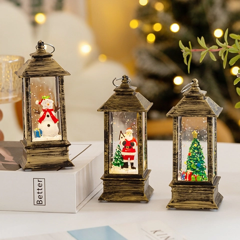 Christmas Lantern LED Snow Globe Water Filled Floating Glitter Vintage Retro Desktop Decoration Holiday Gift Santa Snowman