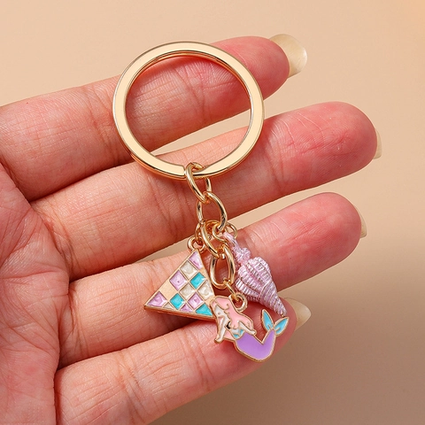 Fashion Zinc Alloy Enamel Mermaid Shell Keychain Summer Beach Style Gold Plated Cartoon Animal Bag Pendant Women Jewelry Gift