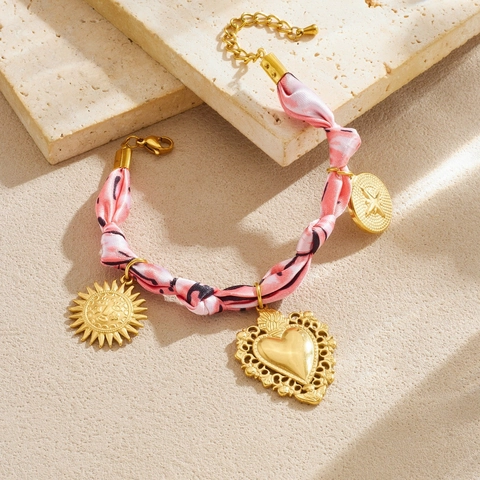 Joyas De Acero Inoxidable Collar Pulsera Con Cinta Pañuelo Rosa Colgantes Corazón Sol Chapado En Oro Vintage Bohemio Mujeres