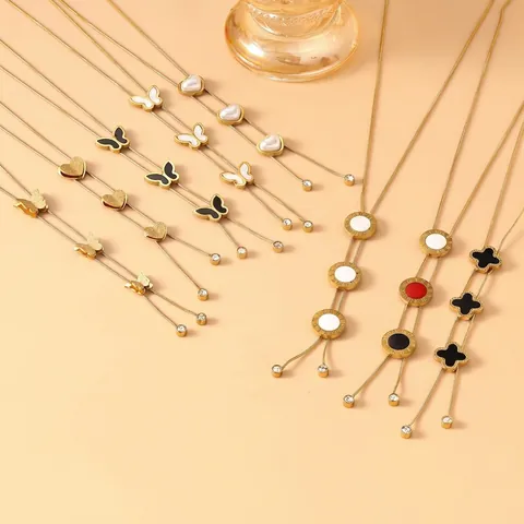 Stainless Steel 18K Gold Plated Clover Butterfly Heart Pendant Necklace With Artificial Pearl Rhinestone For Women Fashion Jewelry