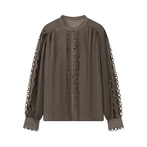 Chemisier Décontracté pour Femmes avec Bordure en Dentelle Col Montant Manches Longues Couleur Unie Broderie Ajourée Top