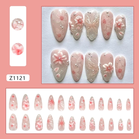 Relief Flower Press On Nails Pink White Gradient Almond Shape Artificial Nails With Faux Artificial Pearls Sweet Elegant For Women
