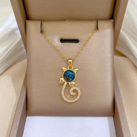 Collana Con Pendente A Forma Di Gatto Placcata Oro Catena In Acciaio Inossidabile Rame Pietra Stellata Blu Zircone