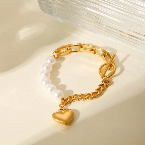 Bracelet En Acier Inoxydable Pendentif Coeur Avec Chaîne Künstliche Perles Fermoir Cabillat Femmes Plaqué Or