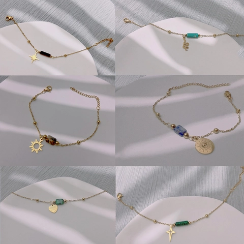 Naturstein Perlen Armband Gold Edelstahl Sonne Stern Herz Anhänger Verstellbarer Boho Schmuck Für Damen