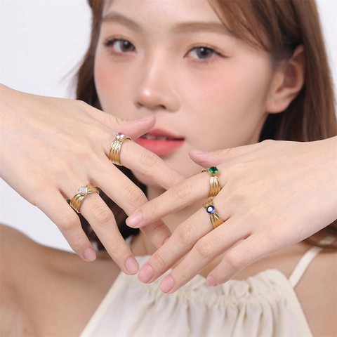 Fashion Stainless Steel Zirconia Adjustable Open Ring Gold Plated Multi-Layer Geometric Colorful Zircon Ring For Women Jewelry