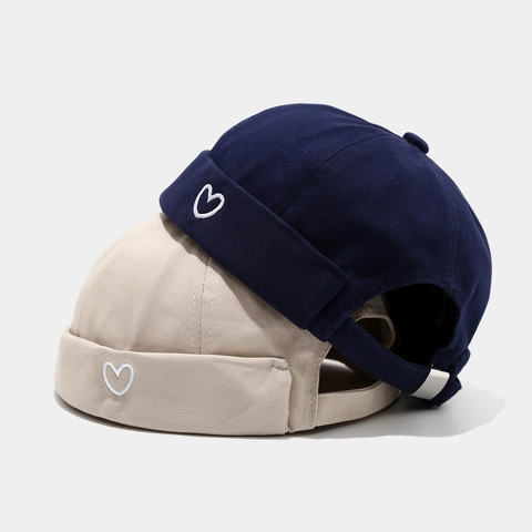 Docker Mütze Herz Stickerei Baumwolle Randlose Skull Cap Verstellbar Retro Streetwear Miki Hut Für Herren Damen