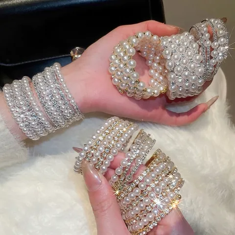 Meerlaagse Imitatieparel Armband Met Steentjes Open Bangle Spiraal Wikkelen Mode Elegante Sieraden Accessoire Voor Dames