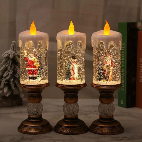 Vela LED De Navidad Rellena De Agua Brillo De Nieve Papá Noel Muñeco De Nieve Adorno Retro Llama Decoración