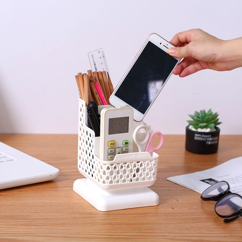 Desktop Organizer Plastic Stepped Design Hollow Rattan Pattern Stationery Pen Holder Storage Box For Office Home School
