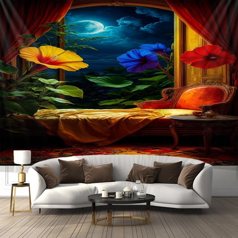 Arazzo Da Parete Poliestere Estetico 3D Stampa Digitale Fantasia Luna Paesaggio Vista Notturna Sfondo Per Camera Da Letto Soggiorno Decor