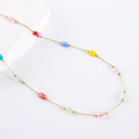 Collier Perles Cristal Colorées Acier Inoxydable 304 Plaqué Or Rectangulaire Minimaliste Style Ins Bijoux Pour Femmes