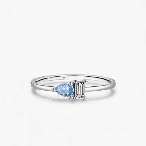 Anello Zircone Blu Chiaro Forma Pera Argento Sterling 925 Minimalista Pietra Chiara Rettangolare Gioielli Impilabili Donna