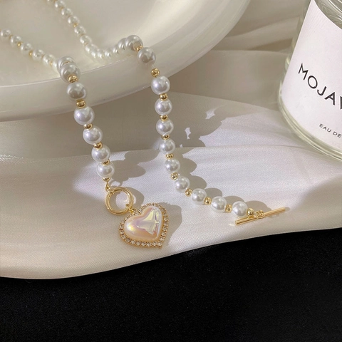 Elegant Imitation Artificial Pearl Necklace With Heart Pendant Alloy Rhinestone Toggle Clasp French Vintage Style For Women
