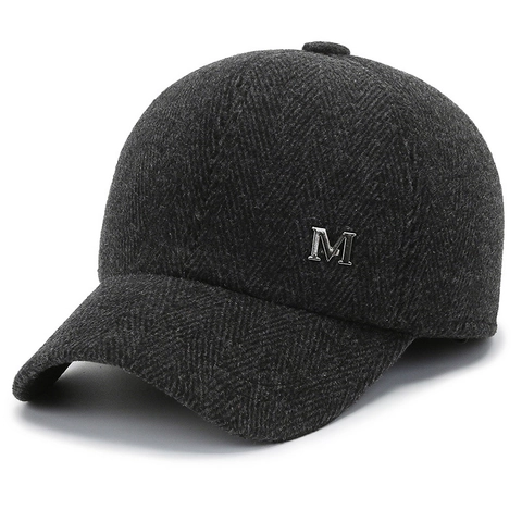 Men Winter Warm Baseball Cap With Ear Protection Herringbone Pattern Thick Woolen Fabric Metal M Logo Dad Hat For Cold Weather