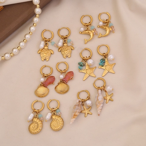 Ocean Theme Starfish Sea Turtle Shell Dolphin Stainless Steel Drop Earrings With Faux Artificial Pearl Summer Beach Jewelry For Women