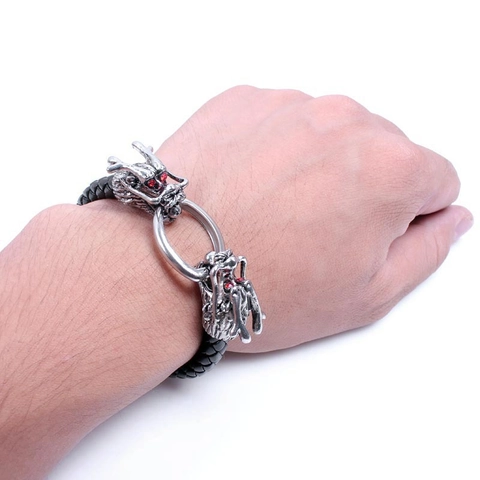 Drachenkopf Geflochtenes Lederarmband Herren Legierung Vintage Punk Stil Rote Strassaugen Schmuck