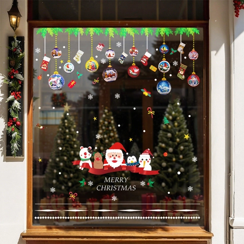 Christmas Window Stickers PVC Static Cling Glue Free Removable Santa Claus Penguin Snowman Glass Showcase Home Decor