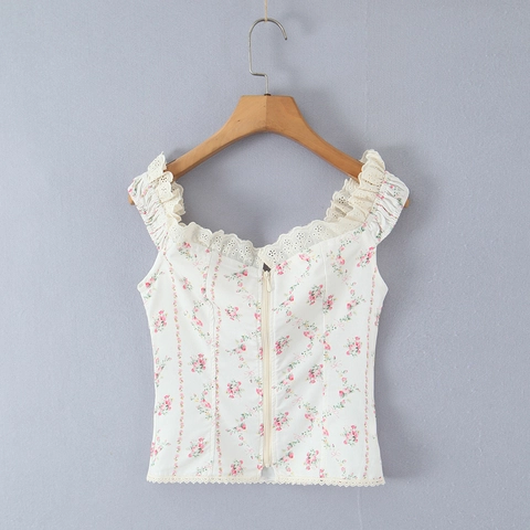 Women Floral Print Camisole Lace Trim Sweet Pastoral Style Sleeveless Embroidery Bow Decor Tank Top Slim Fit