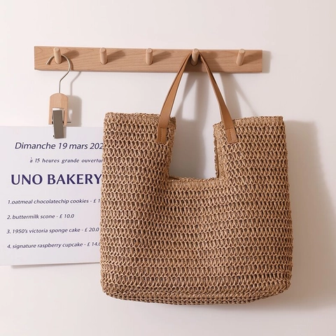 Bolso Tote De Paja Tejida Para Mujer Gran Capacidad Bolso De Playa Con Asas De Cuero PU