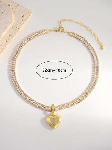 Collier Pendentif Coeur Cuivre Plaqué Or 18K Zircone Baguette Chaîne Tennis Bijoux Style Rétro Français Pour Femme