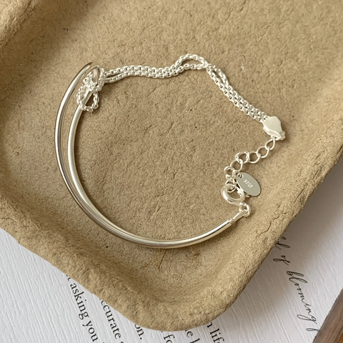 Pulsera De Plata De Ley 925 Asimétrica Barra Sólida Cadena Trenzada Nudo Geométrico Minimalista Para Mujer