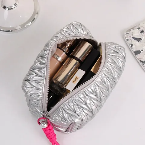 Borsa Per Trucco Trapuntata Grande Capacità Argento Organizzatore Cosmetici Pochette Da Viaggio Cerniera A Perla Artificial Per Donna