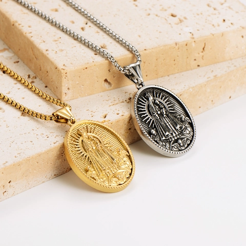 Jungfrau Maria Und Jesuskind Anhänger Halskette Edelstahl 18K Vergoldet Retro Religiöser Ovaler Relief Schmuck Für Damen